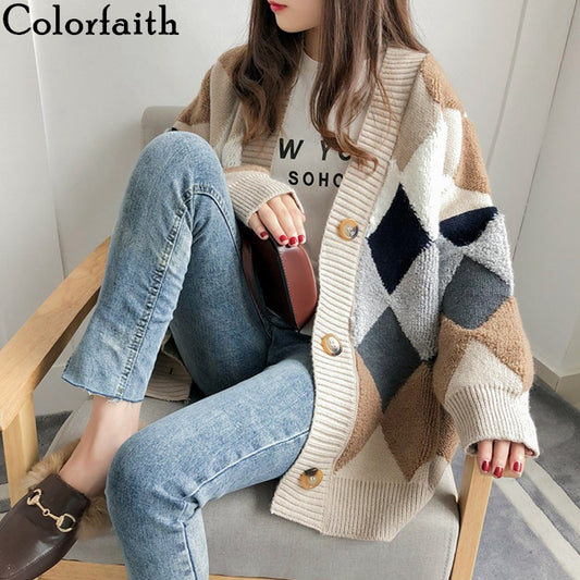 Colorfaith Women's Sweaters Autumn Winter 2019 fashionable Casual Plaid V-Neck Cardigans Single Breasted Puff Sleeve Loose SW658
