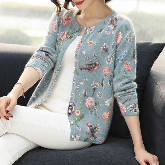 YISU Women Cardigans Sweater Autumn Winter Floral bird pattern Knitted Coat Cardigan Single Breasted Casual Knit Jacket Sweater