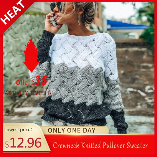 BEFORW 2019 Women Winter Long Sleeve Crewneck Knitted Pullover Sweater Vintage Splice Casual Fall Womens Sweaters Pullovers Tops