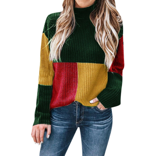 JAYCOSIN Women Sweater Patchwork Winter Arcylic Women Colorblock Stand Long Sleeve Knitted Sweater Jumper Pullover Top Blouse