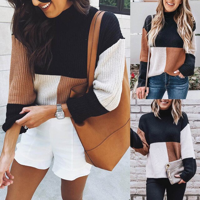 JAYCOSIN Women Sweater Patchwork Winter Arcylic Women Colorblock Stand Long Sleeve Knitted Sweater Jumper Pullover Top Blouse