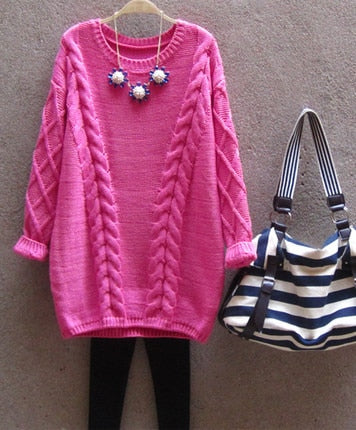 2019 New Korean Version Loose Large-Size Round-neck Twist Sweater Medium and Long Knitted Bottom Blouse for Women