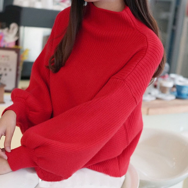 Sweater Woman Winter 2019 Women Lantern Sleeve Knit Sweater Jumper Loose High Neck Womens Turtleneck  Outwear Top Blouse