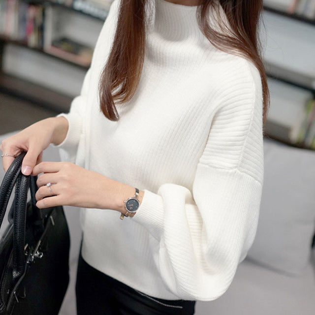 Sweater Woman Winter 2019 Women Lantern Sleeve Knit Sweater Jumper Loose High Neck Womens Turtleneck  Outwear Top Blouse