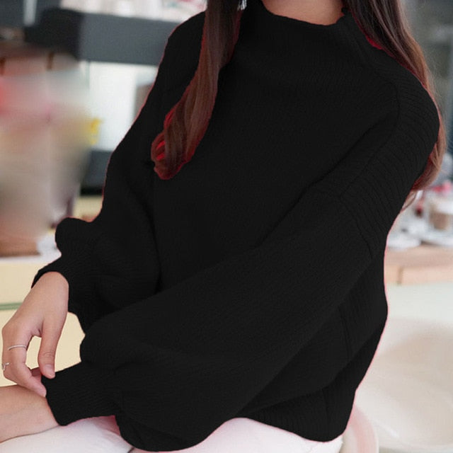 Sweater Woman Winter 2019 Women Lantern Sleeve Knit Sweater Jumper Loose High Neck Womens Turtleneck  Outwear Top Blouse