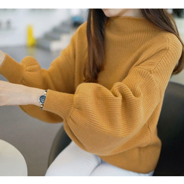 Sweater Woman Winter 2019 Women Lantern Sleeve Knit Sweater Jumper Loose High Neck Womens Turtleneck  Outwear Top Blouse
