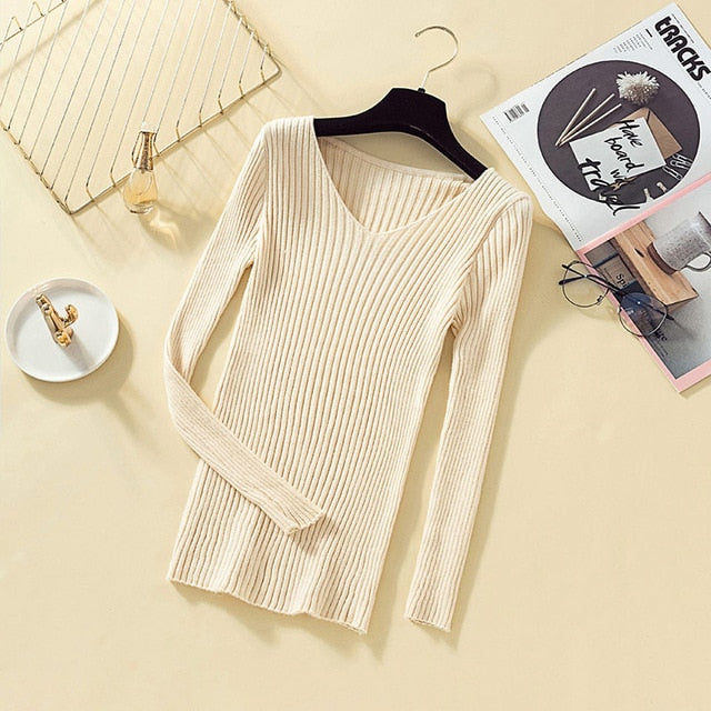 Pullover Knit Sweater Women 2019 Winter Clothes Women Jumper V Neck Soft Rib Knitted Winter Tops Knitwear Pull Femme Sweaters