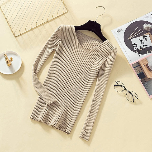 Pullover Knit Sweater Women 2019 Winter Clothes Women Jumper V Neck Soft Rib Knitted Winter Tops Knitwear Pull Femme Sweaters