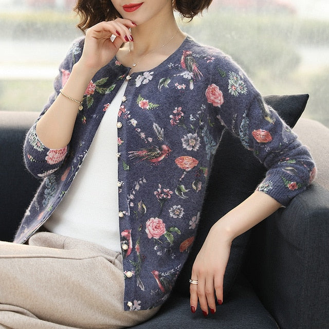 YISU Women Cardigans Sweater Autumn Winter Floral bird pattern Knitted Coat Cardigan Single Breasted Casual Knit Jacket Sweater
