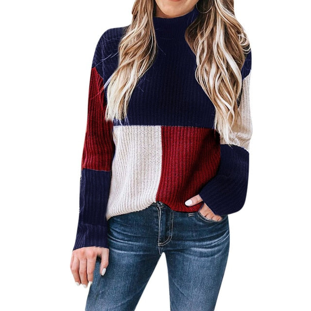 JAYCOSIN Women Sweater Patchwork Winter Arcylic Women Colorblock Stand Long Sleeve Knitted Sweater Jumper Pullover Top Blouse